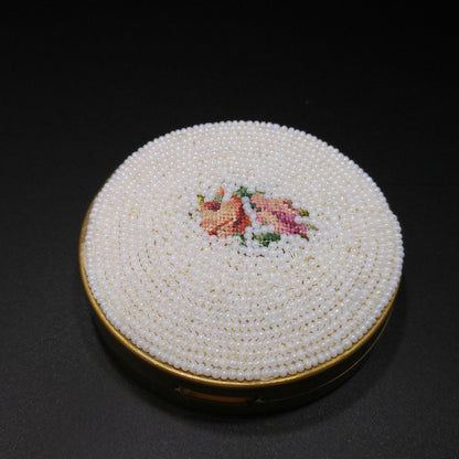 Vintage White Beaded Petitpoint Compact, Schildkraut, Coty Powder, 1950s Vintage Accessory
