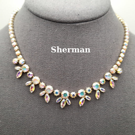 Vintage Sherman Aurora Borealis Rhinestone Gold Plated Choker Necklace, 1960s