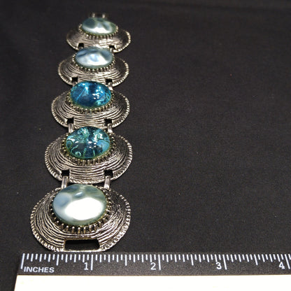 Mid-century Silver Tone Five Link Bracelet, Gold Plated, Blue Lucite Pearled & Clear