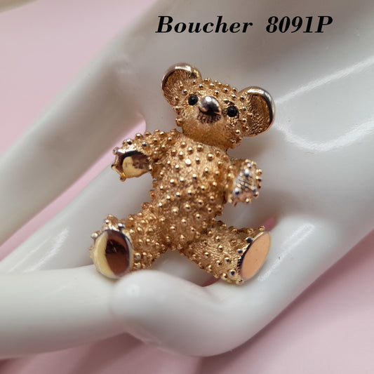 Vintage Boucher Teddy Bear Brooch, Gold Plated, Signed Number 8091P, 1960s