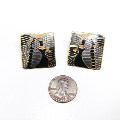Laurel Burch "Moondoves" Post Earrings, Black Birds, Gold Plated, 1980s