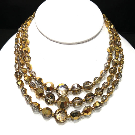 Mid-Century Gold Aspirin Crystal Bead Necklace, Three Strands, 1960s Vintage Jewelry