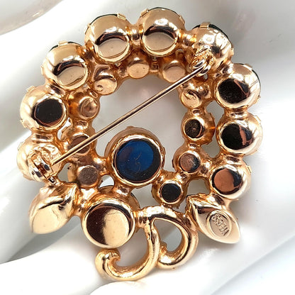 Vintage Weiss Green Rhinestone Brooch, Gold Plated, 1960s, 2"