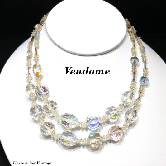 Vendome Clear Aurora Borealis Crystal Necklace, Wedding Bridal, Rhinestone Clasp, 1960s Vintage Jewelry