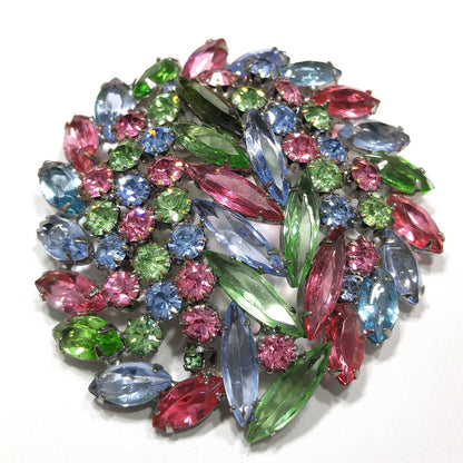 Pastel Rhinestone Floral Brooch, Rhodium Plated, Open Back Stones, 1960s Vintage Jewelry
