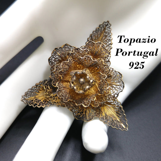 Topazio Portugal Flower Brooch, Silver Vermeil, 1930s Vintage Jewelry