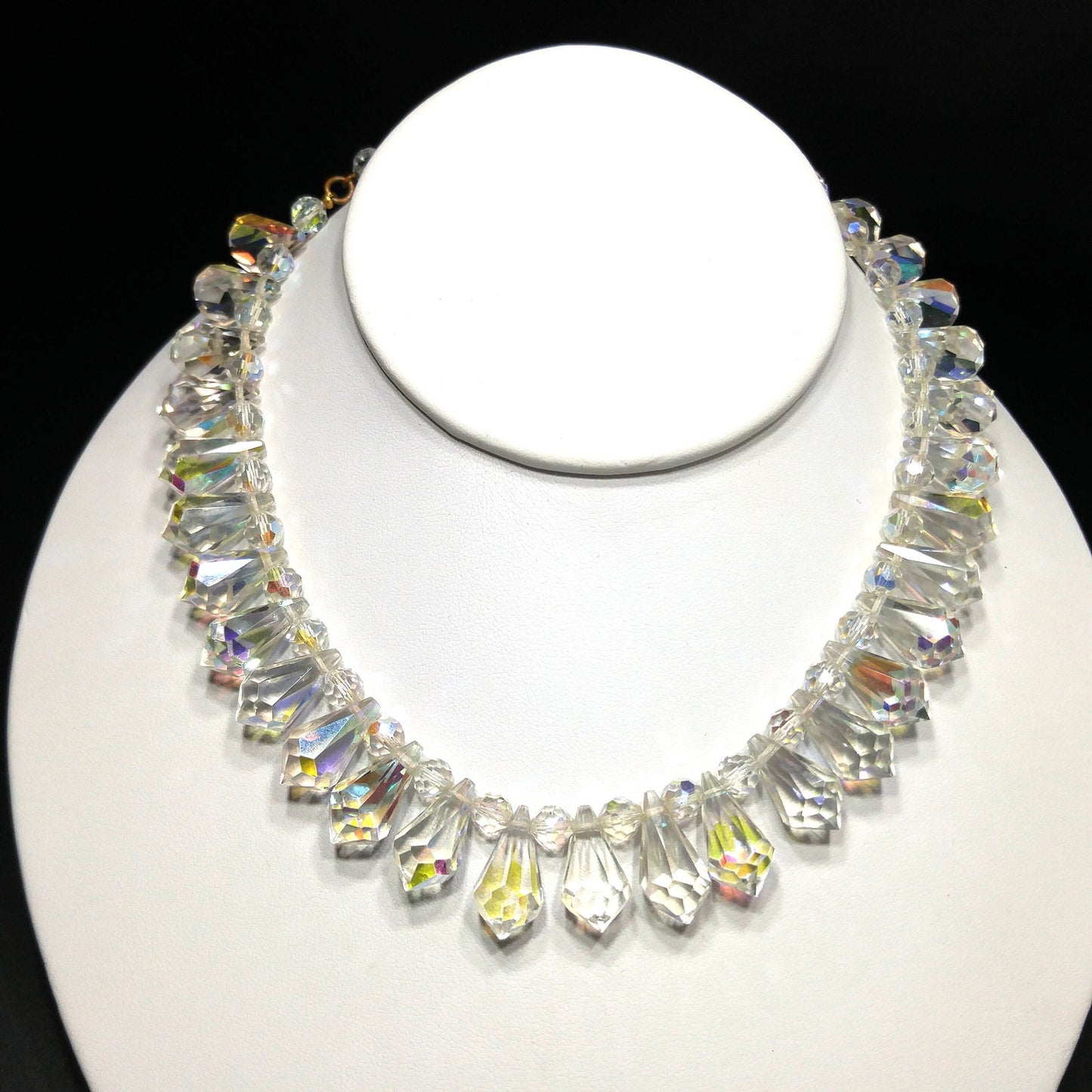 Mid-Century Crystal Teardrop Dangling Necklace, 18mm AB Crystals, 1950s Vintage Jewelry