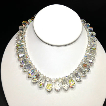 Mid-Century Crystal Teardrop Dangling Necklace, 18mm AB Crystals, 1950s Vintage Jewelry