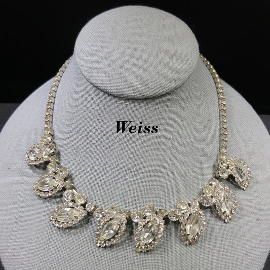 Weiss Wedding Clear Rhinestone Necklace, Rhodium Plated, 1950s Vintage Jewelry