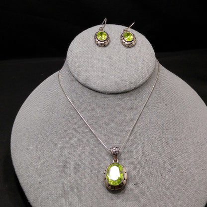 Peridot CZ Silver Necklace & Earrings Set, Italy Snake Chain, 1990s Vintage Jewelry