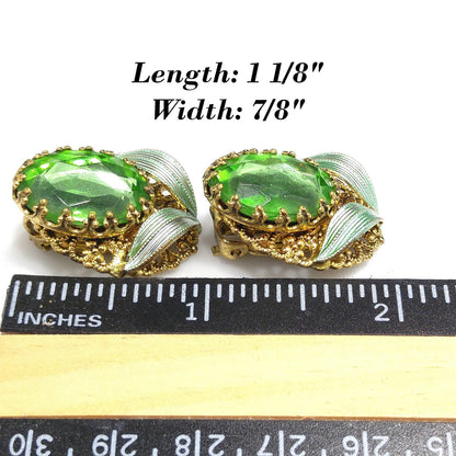 West Germany Green Clip Earrings, Filigree Green Enamel, Faux Pearls, 1950s Vintage Jewelry