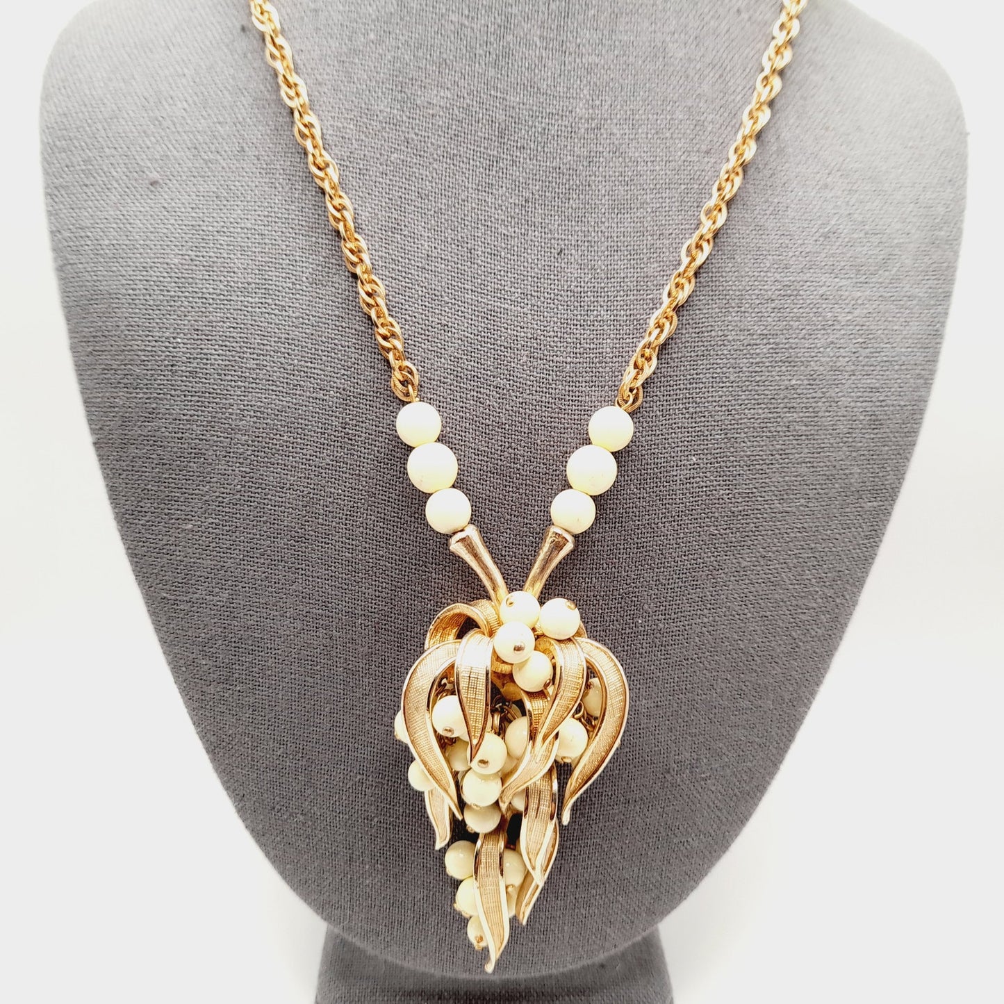 Vintage Articulated Fruit Pendant Gold Tone White Bead Necklace, 24 Inches