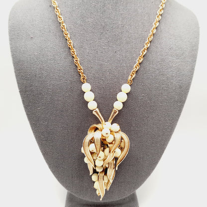 Vintage Articulated Fruit Pendant Gold Tone White Bead Necklace, 24 Inches