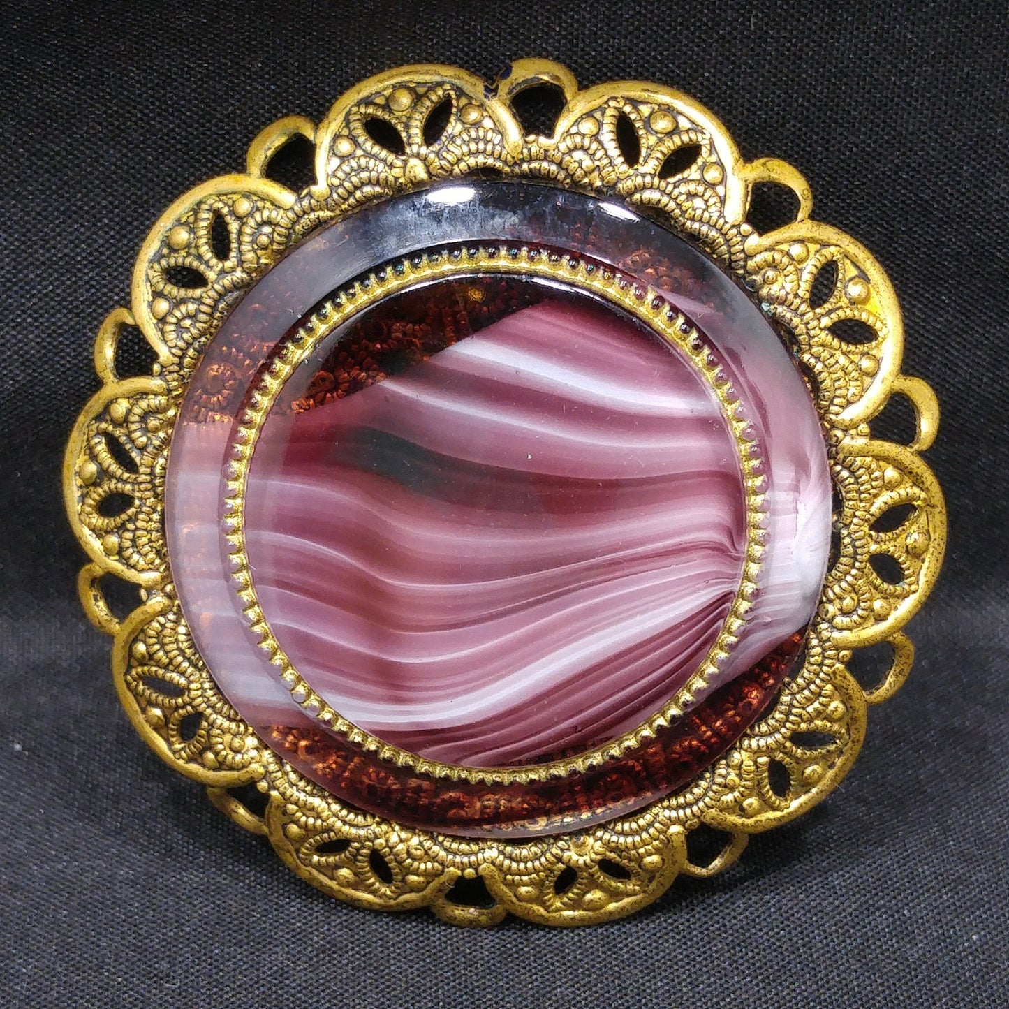 Western Germany Purple Art Glass Brooch, Filigree Frame, 1950s Vintage Jewelry