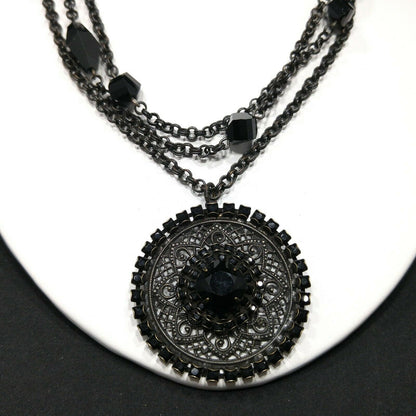 Liz Palacios Black Rhinestone Pendant Necklace, Multi-Strand, Vintage Jewelry