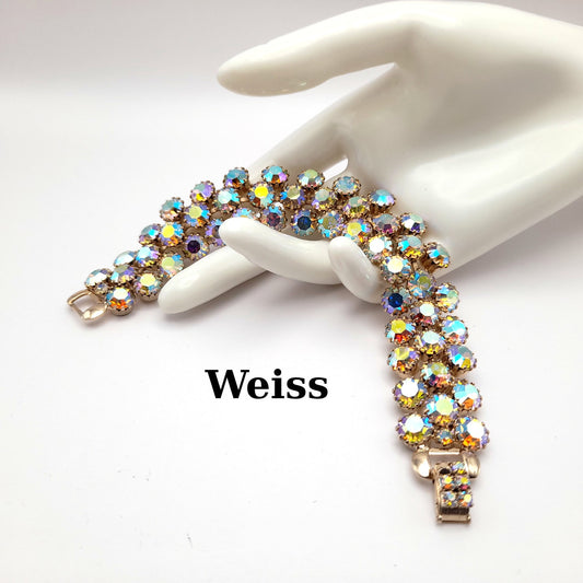 Vintage Weiss Aurora Borealis Rhinestone Bracelet Gold Plated