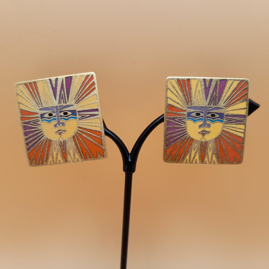 Laurel Burch "Sun Goddess" Clip Earrings, Satin Gold Plated Finish, Cloisonne Enamel, 1980s Vintage Jewelry