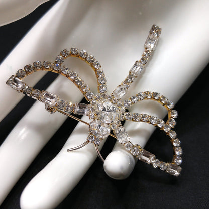 Clear Rhinestone Dragonfly Brooch, Mid-Century, Foil Back Stones, 1950s Vintage Jewelry