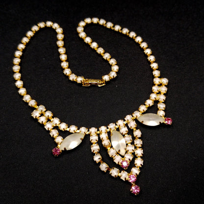 Frosty White Pink Rhinestone Necklace, Gold Plated, 1960s Vintage Jewelry