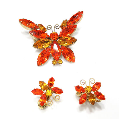 Orange & Topaz Rhinestone Butterfly Brooch Earrings Set, Gold Plating, 1960s
