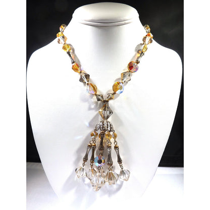 Topaz Crystal Aurora Borealis Gold Filigree Tassel Necklace Earrings, Swarovski Vintage Crystals, 1970s Vintage Jewelry