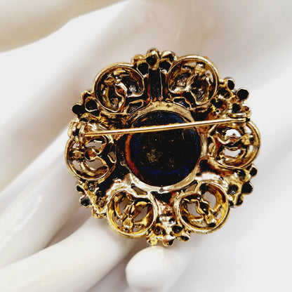 Vintage Micro Mosaic Floral Brooch, Gold Tone Filigree, 1 3/4 Inches