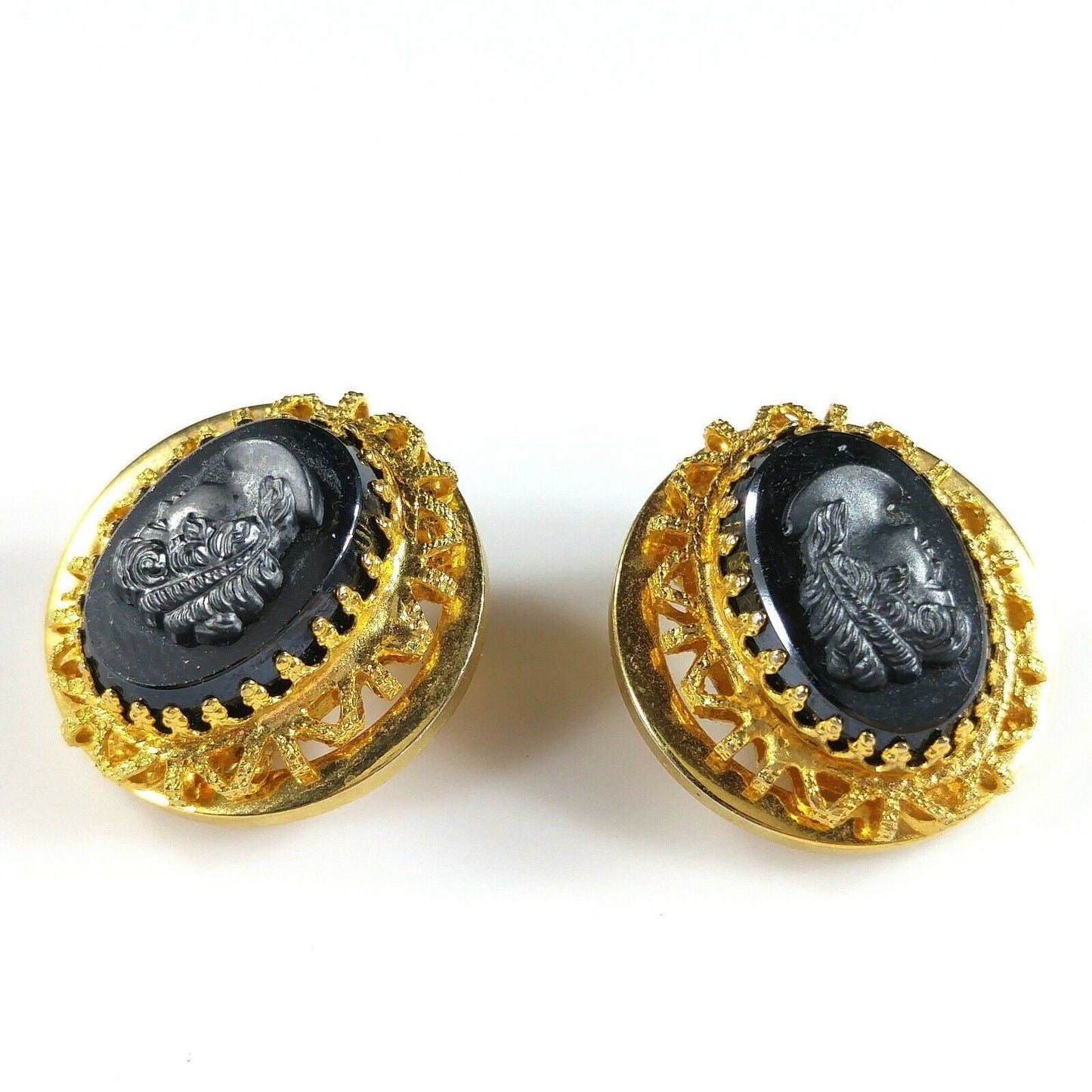 Vintage Cameo Hematite Brooch & Clip Earrings, Filigree Pin Set W Germany Style, 1950s Vintage Jewelry