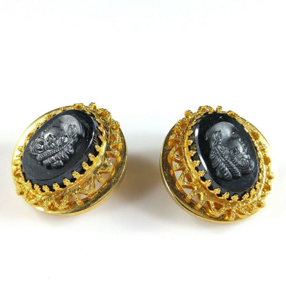 Vintage Cameo Hematite Brooch & Clip Earrings, Filigree Pin Set W Germany Style, 1950s Vintage Jewelry