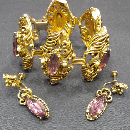 Mid-Century Purple Rhinestone Wide Bracelet Dangle Earrings Set, 1950s Vintage Jewelry