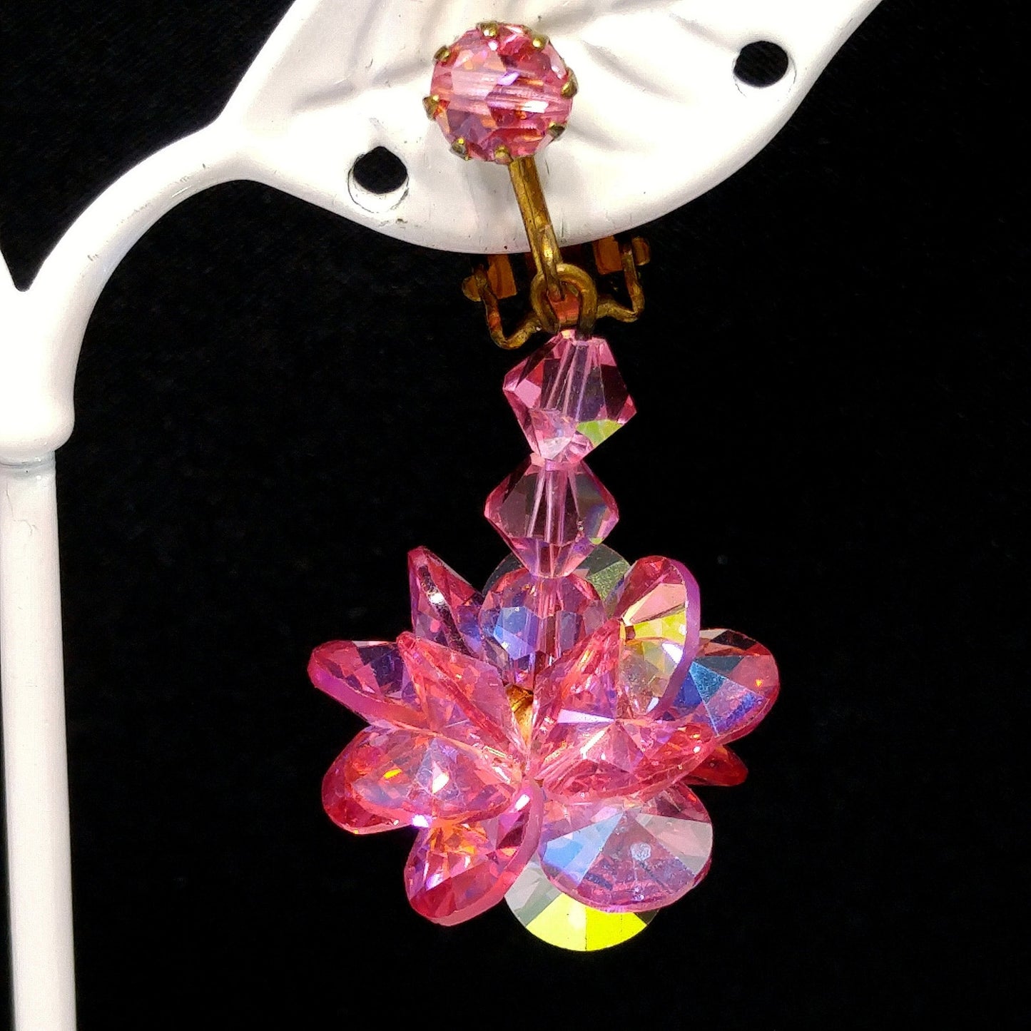 Pink Flat Crystal Brooch & Earrings, Aurora Borealis, 1960s Vintage Jewelry