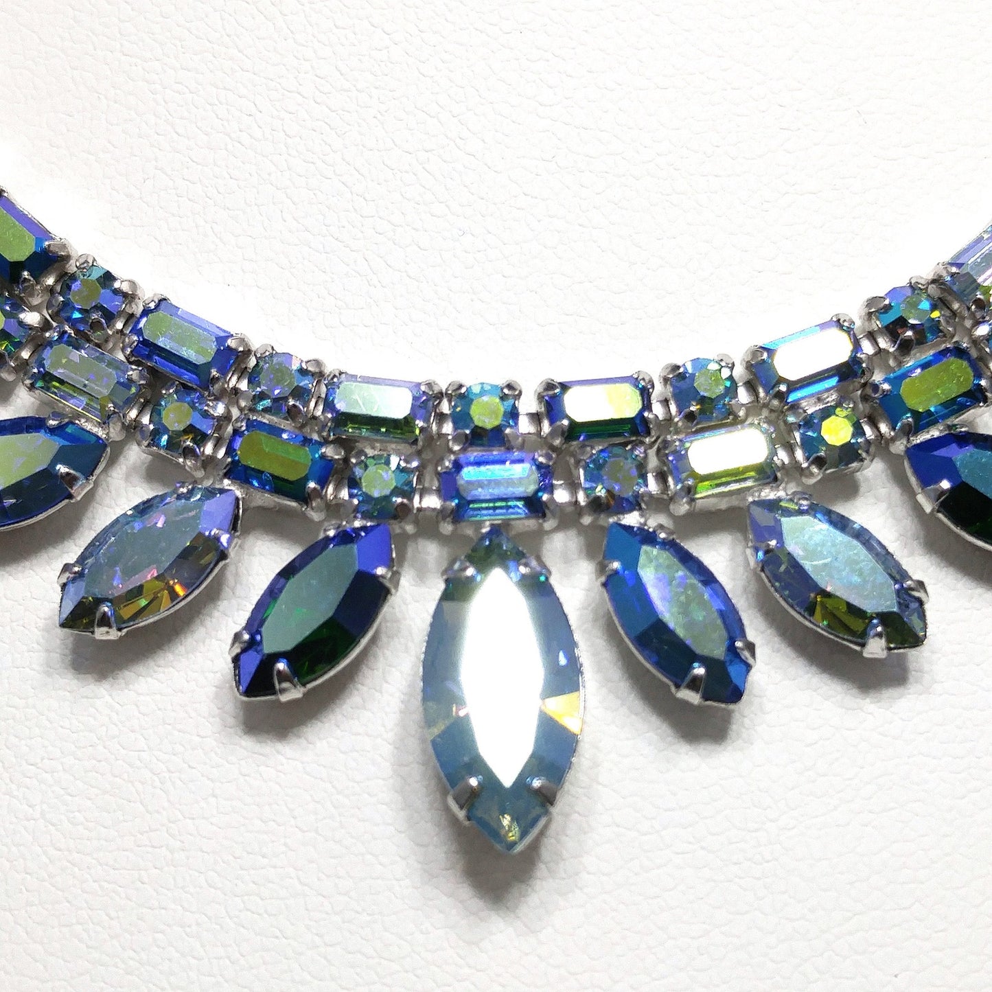 Sherman 1950s–60s Blue Aurora Borealis Rhinestone Necklace | Rhodium Plated Mid-Century Statement Collar