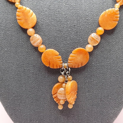 Vintage Carnelian Leaf Necklace, Gemstone Tassel Necklace, 27 Inches, Three Dangles