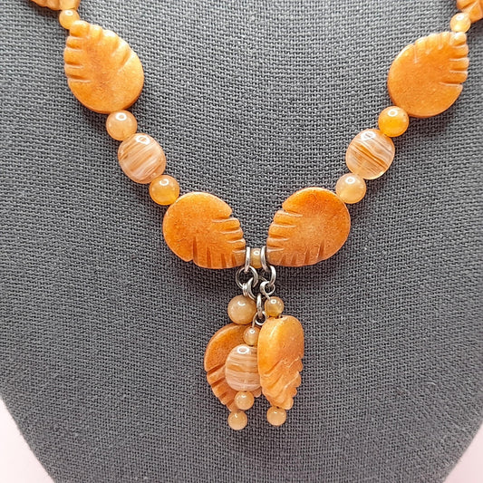 Vintage Carnelian Leaf Necklace, Gemstone Tassel Necklace, 27 Inches, Three Dangles