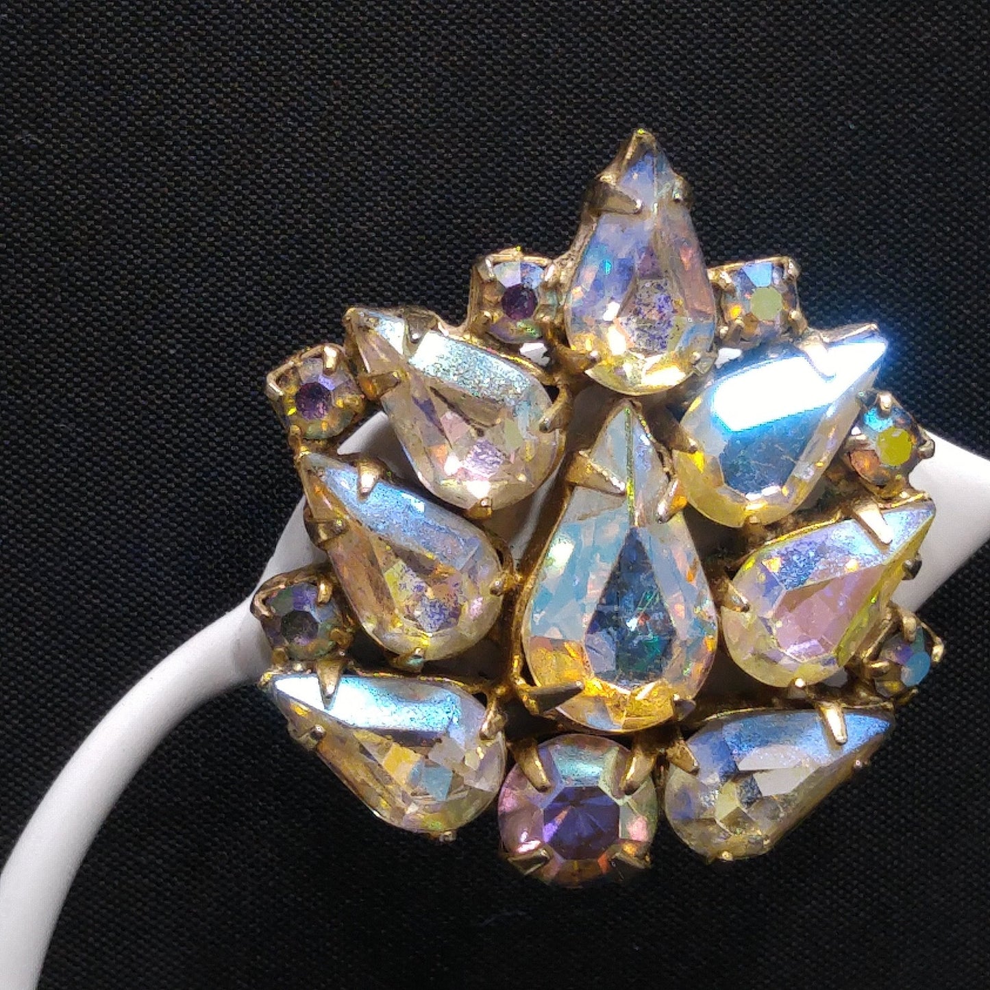 Weiss Aurora Borealis Teardrop Rhinestone Earrings, Gold Plated, 1950s Vintage Jewelry