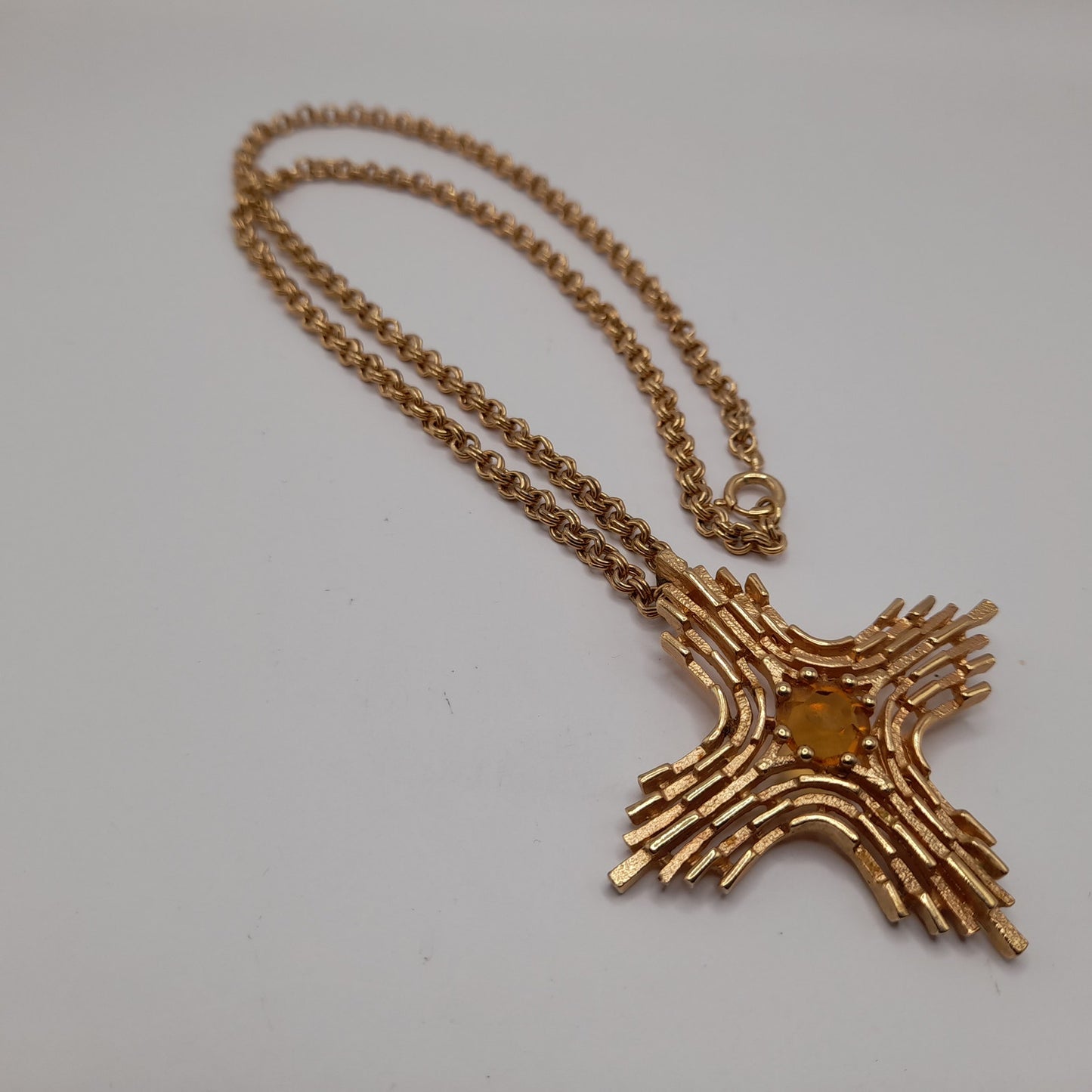 Vintage Sarah Coventry 1970s Yellow Rhinestone Cross Pendant Necklace