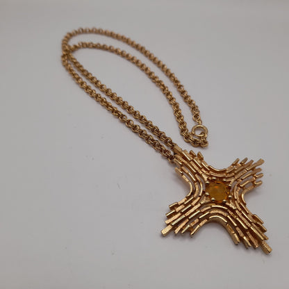 Vintage Sarah Coventry 1970s Yellow Rhinestone Cross Pendant Necklace