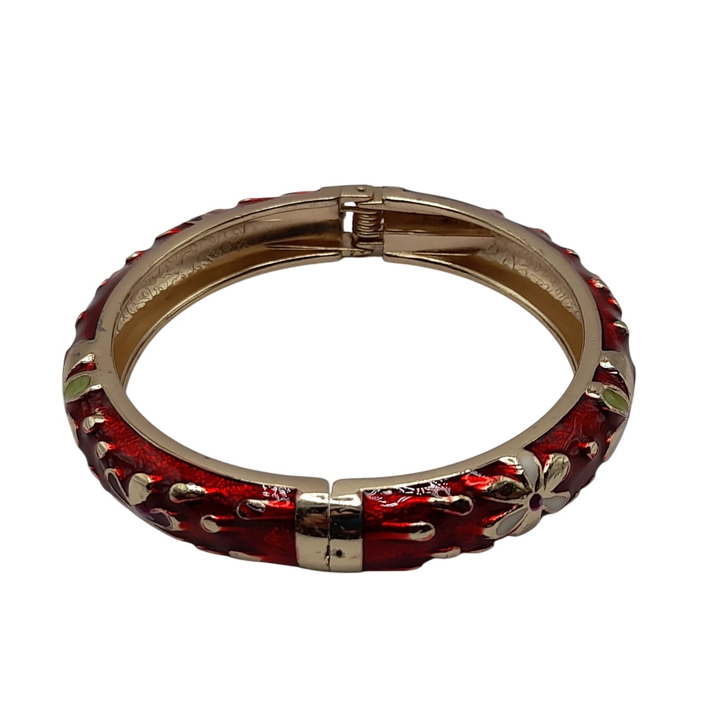 Vintage Jiu Long Xing Cloisonné Bangle Bracelet – Red Enamel Floral Hinged Bracelet – Gold Tone Signed Jewelry 6.25"