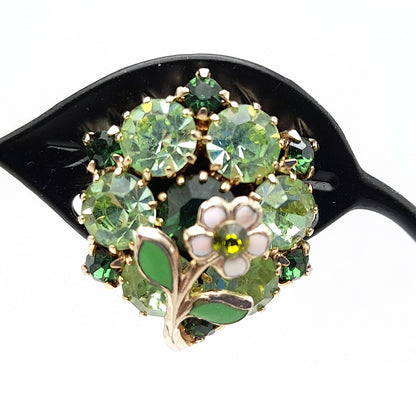 Vintage Weiss Green Rhinestones Floral Clip Earrings, 1960s