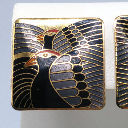 Vintage Laurel Burch "Moondoves" Clip Earrings, Black Birds, Gold Plated