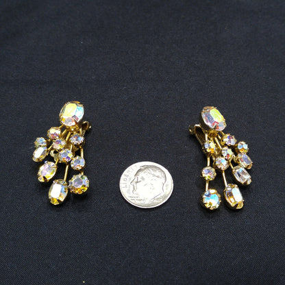 Weiss Aurora Borealis Ear Climber Earrings, Gold Plated, 1950s Vintage Jewelry
