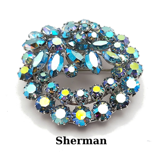 Vintage Sherman Blue Aurora Borealis Rhinestone Brooch