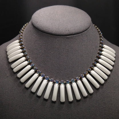 White Lucite Blue Aurora Borealis Rhinestones Necklace, Egyptian Revival Mid-Century, 1960s Vintage Jewelry