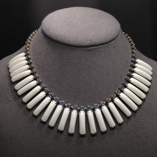 White Lucite Blue Aurora Borealis Rhinestones Necklace, Egyptian Revival Mid-Century, 1960s Vintage Jewelry