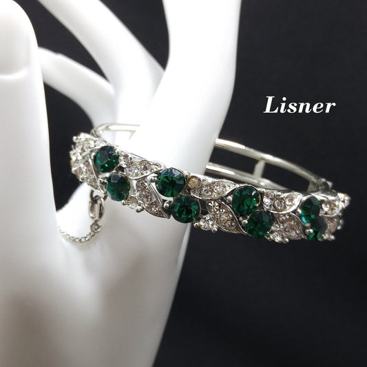 Lisner Emerald Green Rhinestone Hinged Bracelet, Rhodium Plated, 1960s Vintage Jewelry
