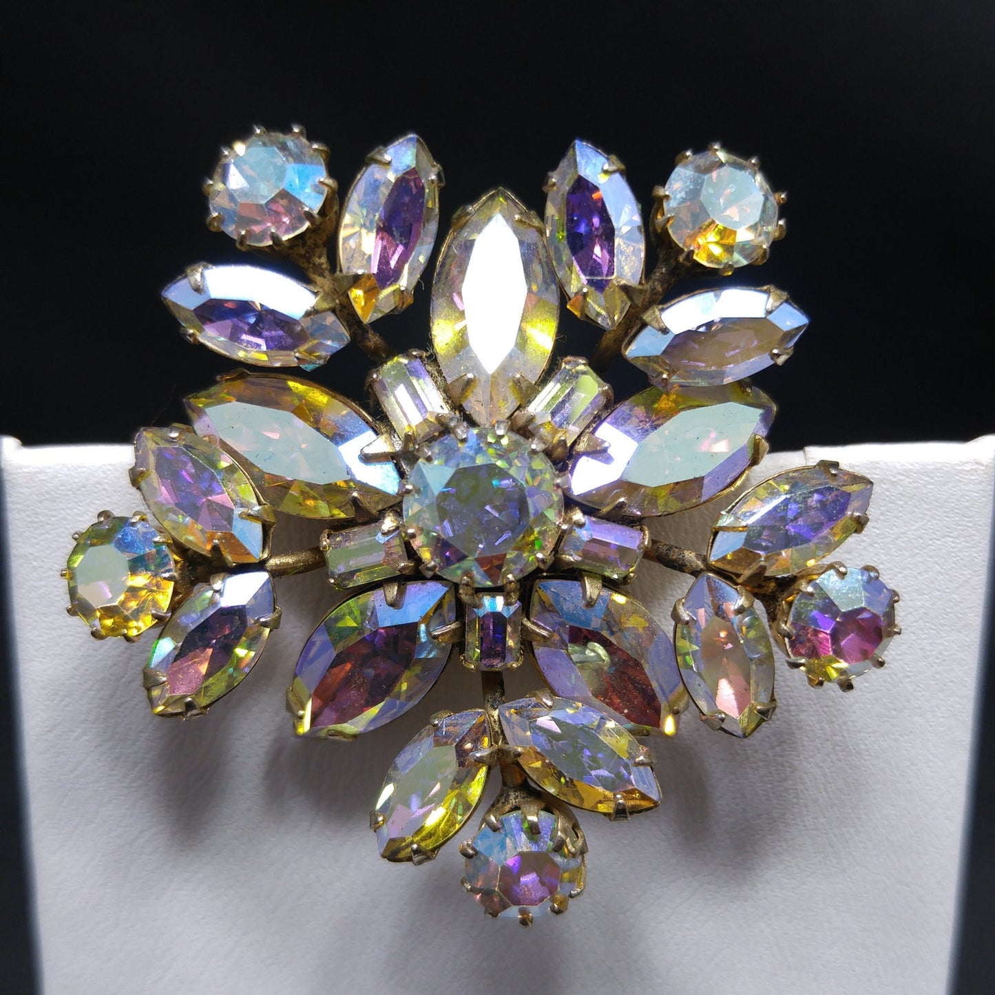 Vintage Sherman Snowflake Rhinestone Brooch, Aurora Borealis, 1960s