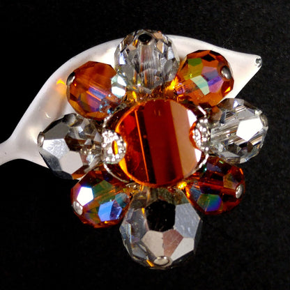 Vendome Beaded Clip Earrings, Orange Silver Clear Crystal Beads, 1960s Vintage Jewelry
