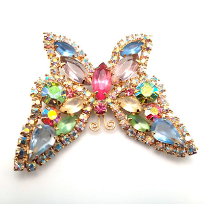 Vintage Weiss Butterfly Brooch, Pastel Rhinestones, Gold Plated, 1960s Jewelry