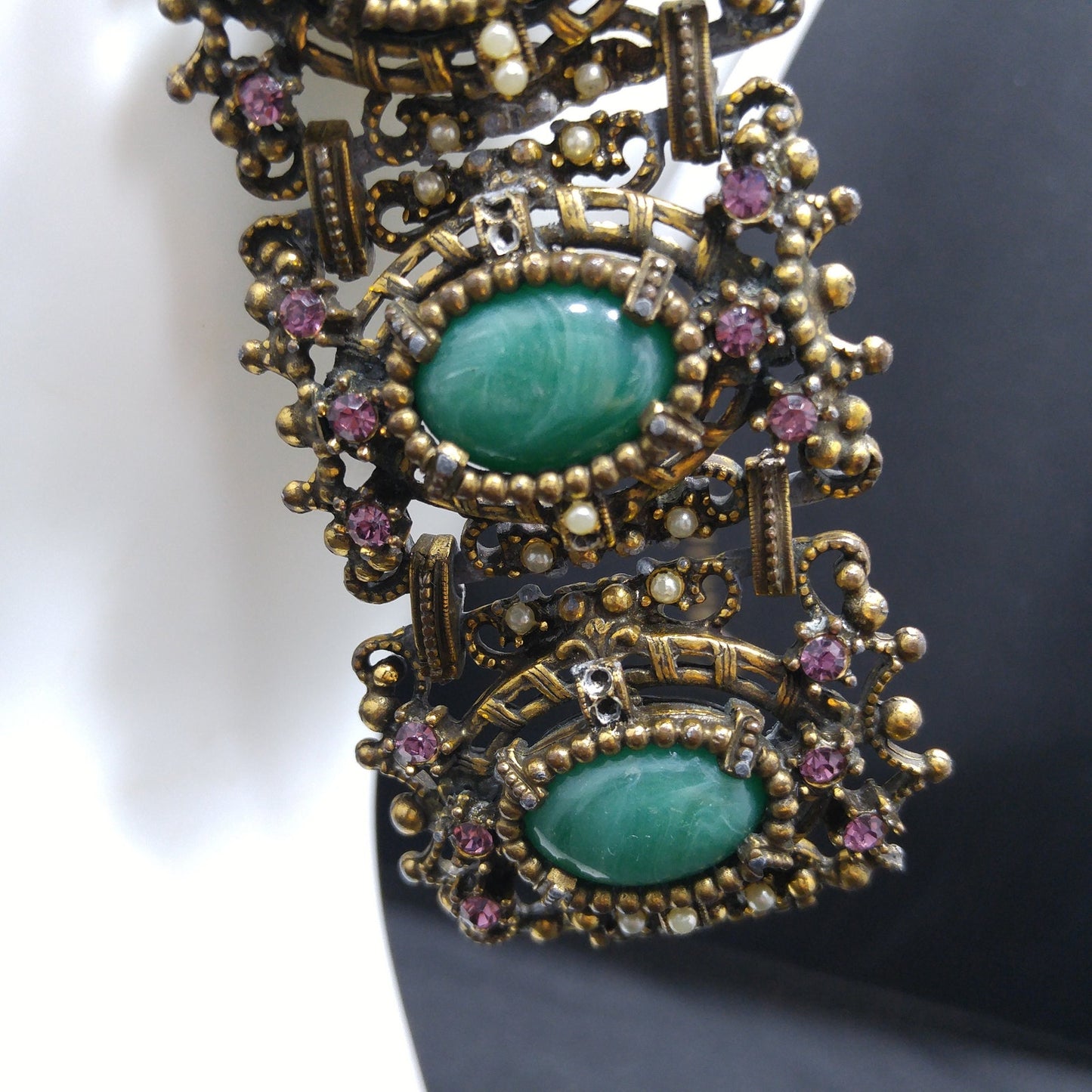 Victorian Style Faux Jade Wide Bracelet, Unsigned Joseff of Hollywood, 1940s Vintage Jewelry