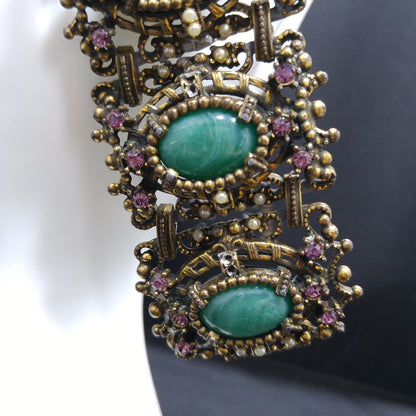 Victorian Style Faux Jade Wide Bracelet, Unsigned Joseff of Hollywood, 1940s Vintage Jewelry
