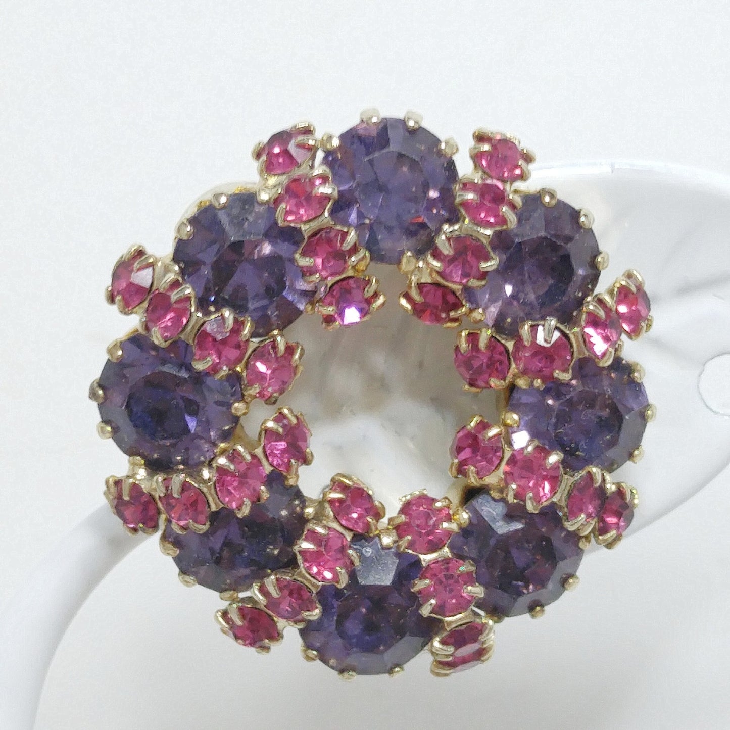 Vintage Weiss Wreath Rhinestone Brooch & Earrings, Fuchsia Pink and Lavender, Gold Plated, 1950s